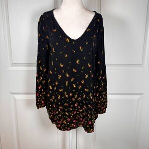 Old Navy Black Floral Boho Bell Sleeve Blouse Medium Flowy Peasant Top Casual